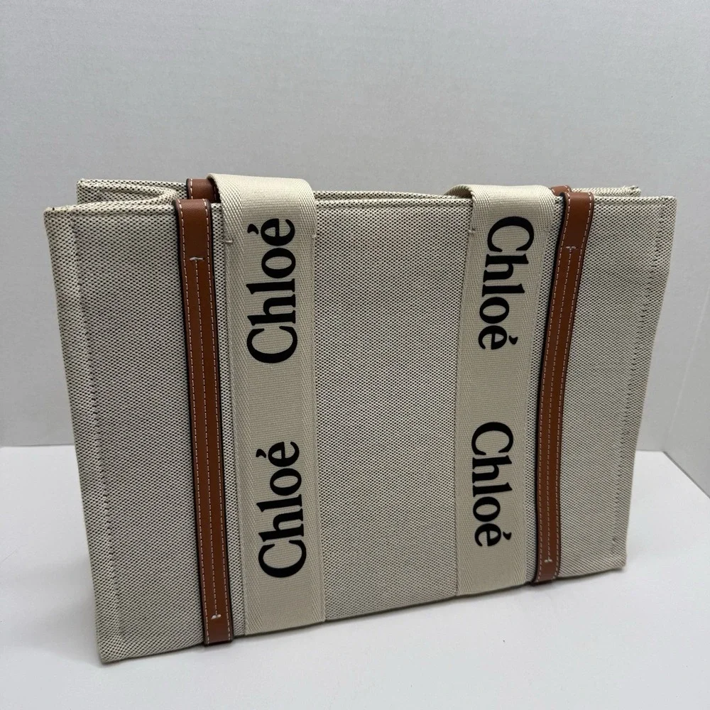Chloé Woody Medium Tote Beige Canvas Brown Leather Logo Tote Bag Italy